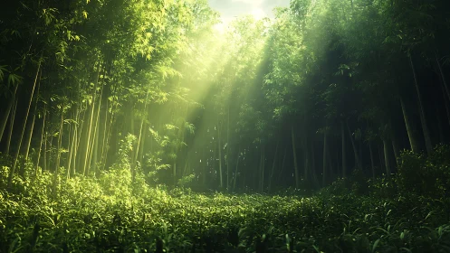 Sunlit bamboo clearing glowing with tranquil green calm.