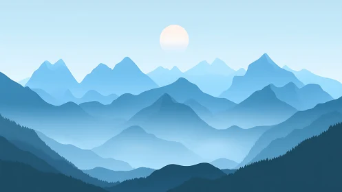 Layered blue mountains under soft sunrise atmospheric haze.