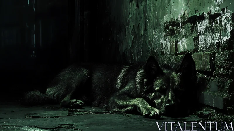 Shadow weary, the alley dog folds into crumbling green walls