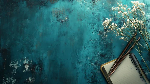 Rustic teal desk with notebook, pencils and baby’s breath.