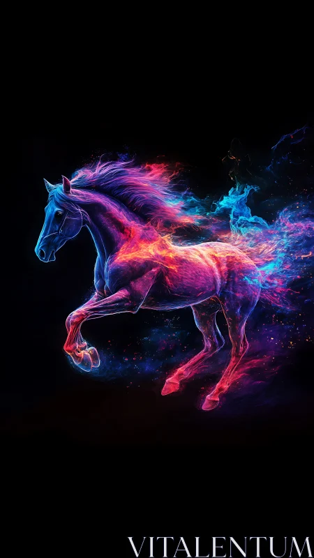 Neon stallion exploding in vibrant cosmic motion.