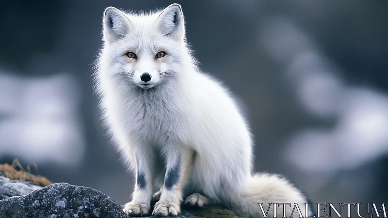 Photorealistic arctic fox portrait on rocky tundra background.