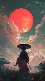 Scarlet moon hangs low as the lone wanderer greets dusk