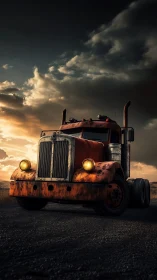 Weathered red semi truck glowing softly at golden sunset.