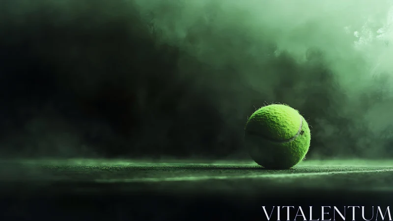 Lone neon tennis ball resting in moody emerald court mist.