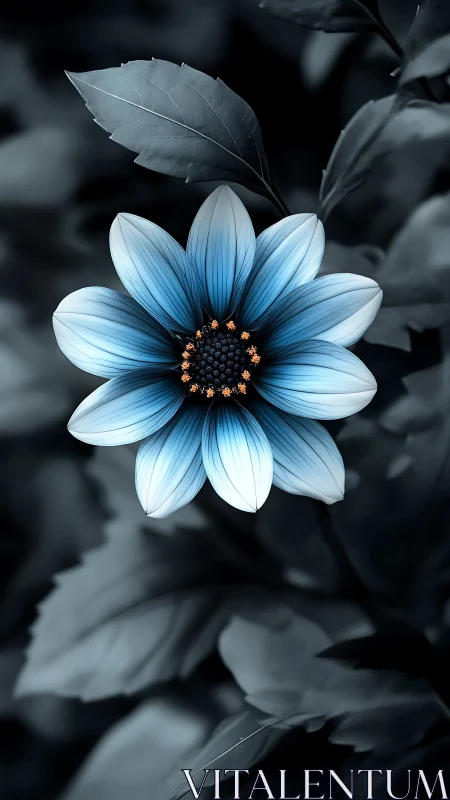 Azure Bloom Awakens in Monochrome Garden.