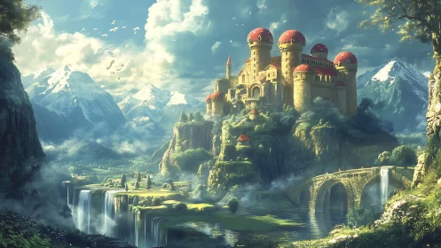 Sunlit cliffside castle above waterfalls and alpine valley.