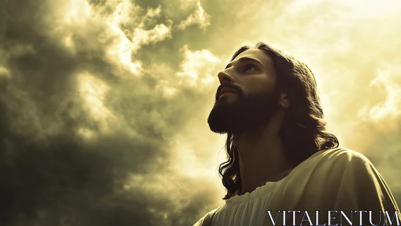 Sunlit prophet gazes skyward through storm-softened clouds.