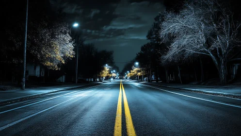 Empty midnight city street glows under cold blue streetlights