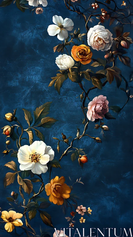 Digital painting of baroque florals on deep blue ground.