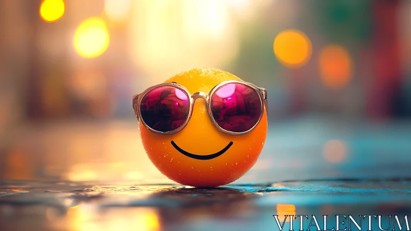 Smiling emoji sphere wearing sunglasses on wet street.