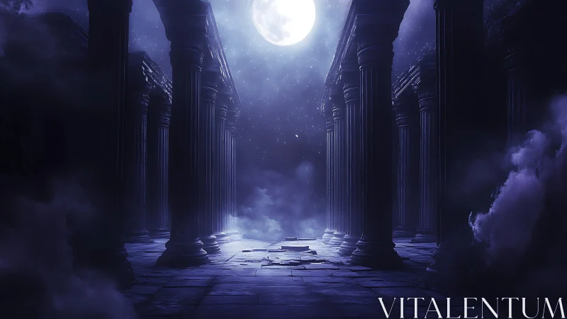 Moonlit ancient colonnade under misty night sky.