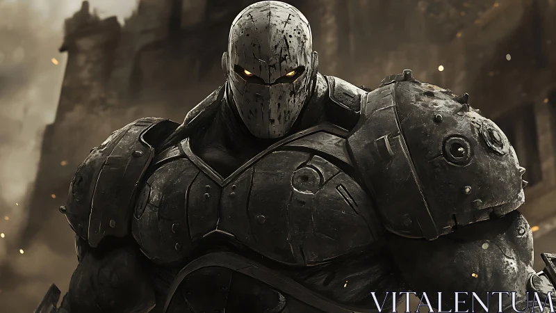 Heavily armored cyborg tank unit in war-torn urban ruins