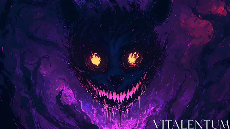 Demonic neon cat spirit with burning eyes in purple void.