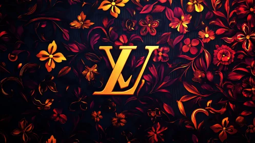 Gold LV monogram on red floral abstract background.