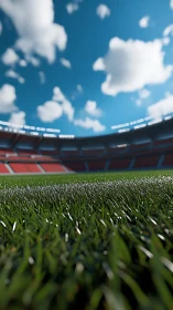 Low-angle depth-of-field view across sunlit stadium grass field