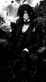 Dark suited anime man on ornate throne amid chaos.