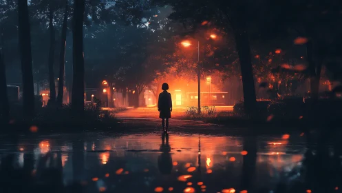 Soft rain washes a quiet street where warm lights beckon home