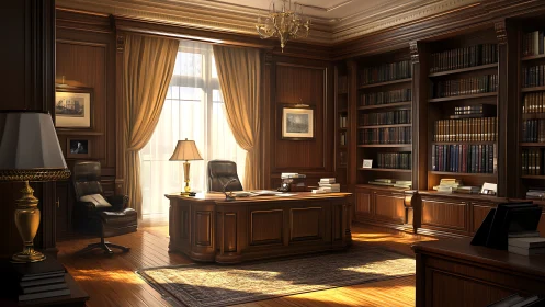 Sunlit mahogany law library office with classic paneling and desk