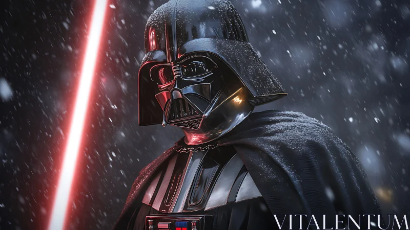 Armored dark warrior holds red energy blade in snowfall