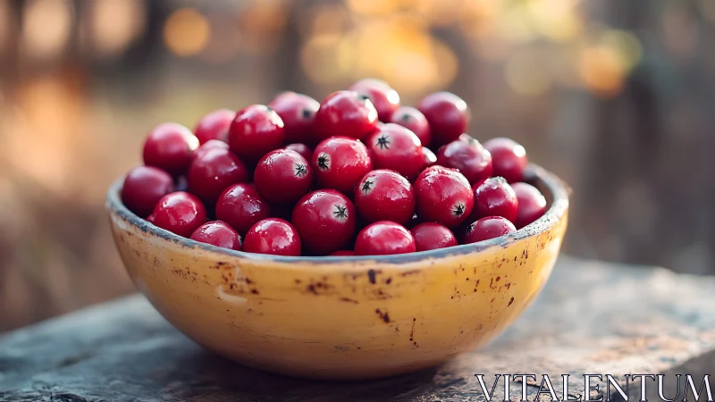 Harvest-bright red berries rest in a rustic yellow bowl outdoors