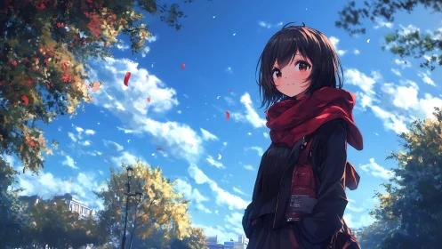 Girl in red scarf standing in tree-lined urban park.