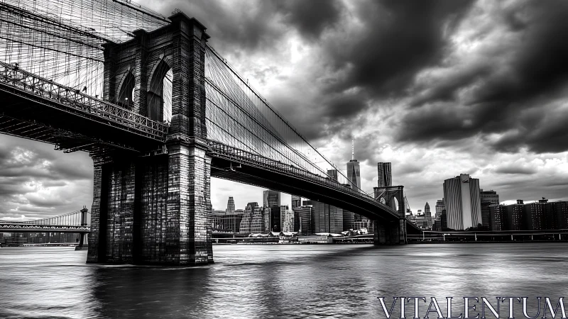 Brooklyn Bridge and lower Manhattan skyline in monochrome.