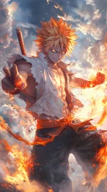 Flaming warrior grins as sky-scorching embers answer his call