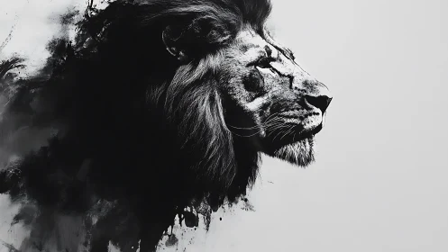 Monochrome lion profile integrates with abstract ink field