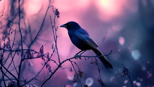 Blackbird on branch at dusk with dreamy purple and pink bokeh.