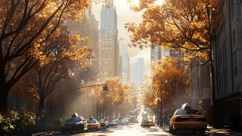 Sunlit urban avenue captures autumn foliage and atmospheric depth