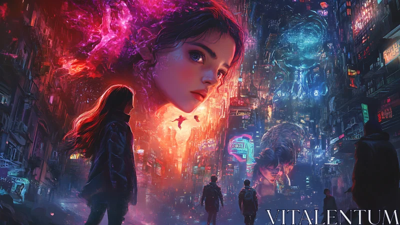 Neon city dreamwalk beneath a colossal cosmic girl face.