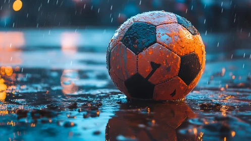 Rain-soaked soccer ball rests on reflective wet asphalt at dusk