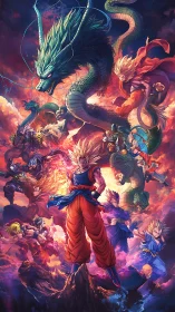 Dynamic Dragon Ball Z ensemble rendered in vivid anime energy