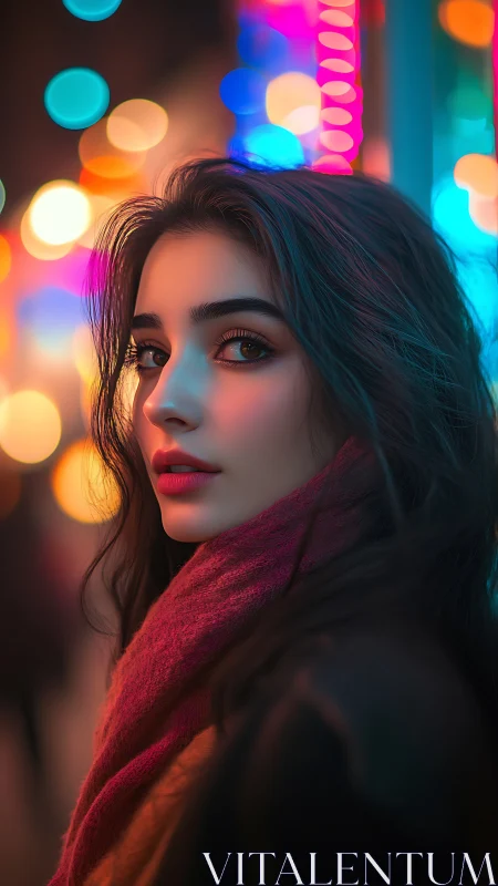 Soft city lights and a quiet gaze in the neon evening.