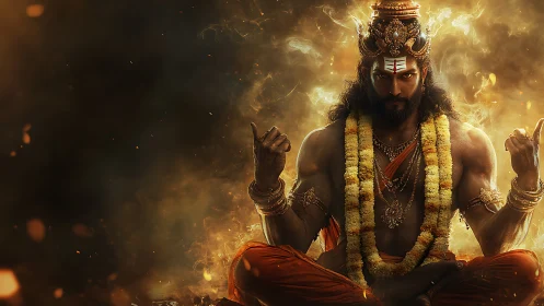 Seated figure in ceremonial garlands holds symmetrical hand pose