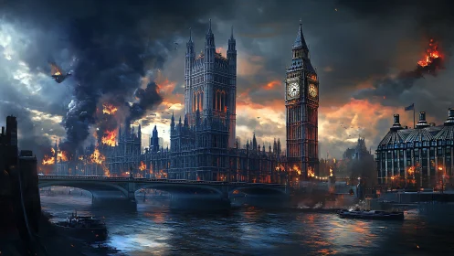 Burning Westminster skyline engulfs London in dramatic chaos.