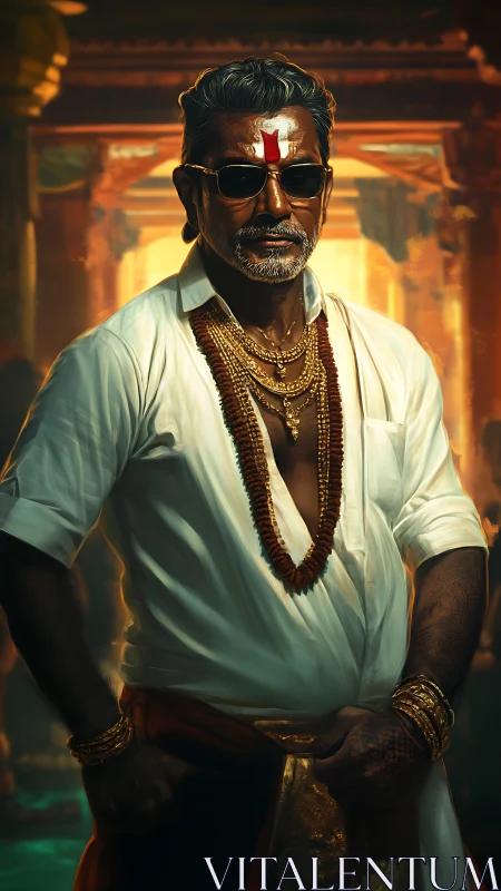 Regal elder in temple light with layered gold adornments.