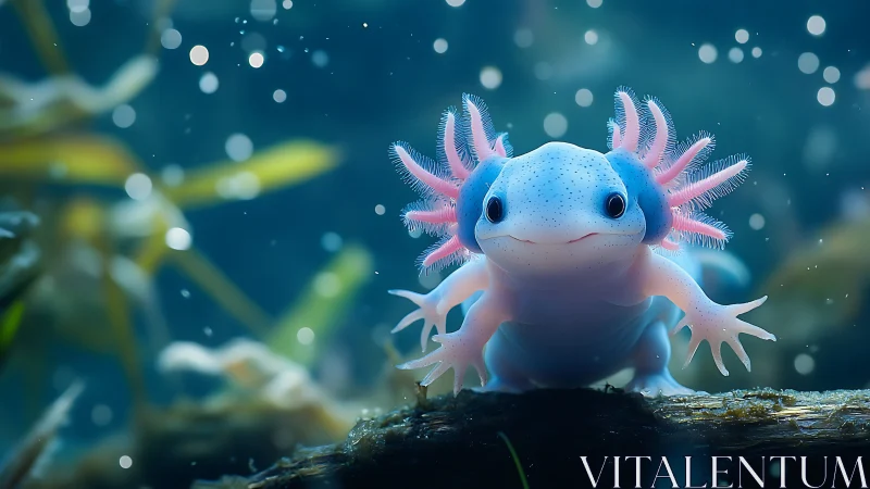 Bioluminescent axolotl portrait in cinematic aquatic bokeh.