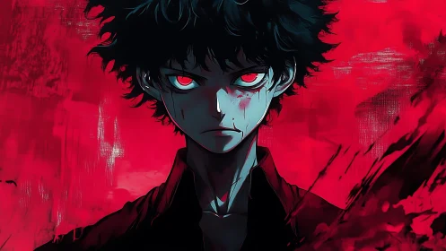 Intense red eyed anime boy in dark dramatic portrait.