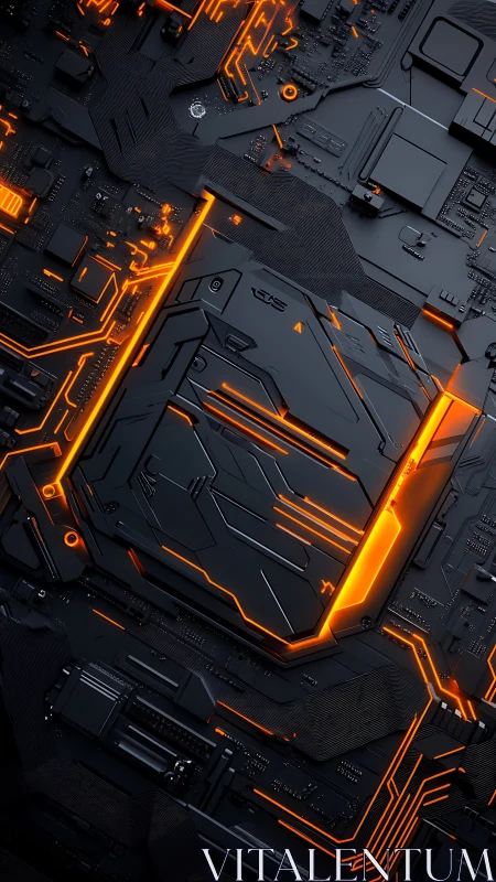 Neon-traced cybernetic motherboard core with active routing field.