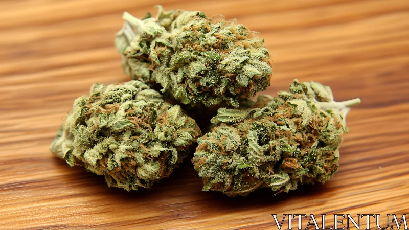 Cannabis buds rest on wood grain surface in warm light.