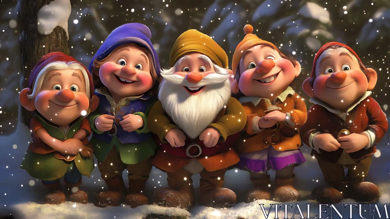 Group of stylized dwarfs standing in snowy forest scene.