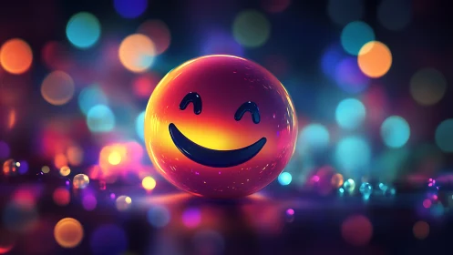 Smiling neon orb giggles quietly in a bokeh night parade