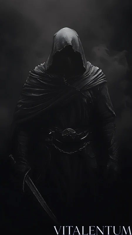 Hooded shadow assassin in low key monochrome cinematic lighting