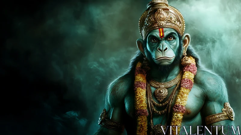 Blue-skinned divine monkey warrior in ornate gold regalia.