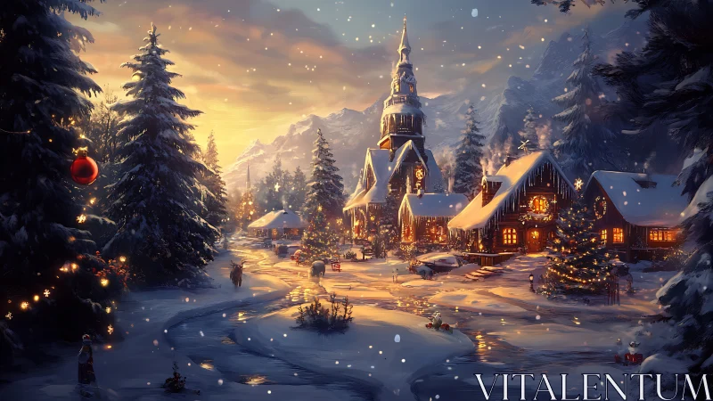 Snow-covered village square with illuminated winter buildings.