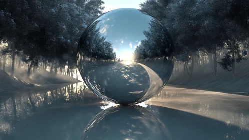 Reflective chrome sphere in misty forest water scene.