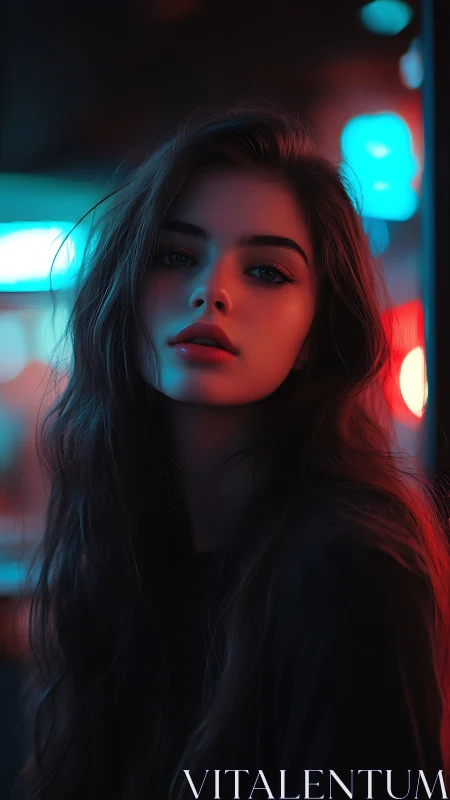 Neon-lit portrait captures moody gaze in cinematic color.