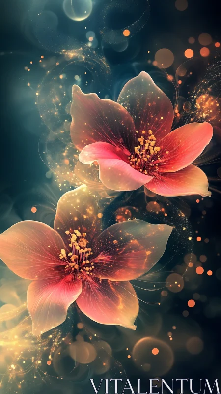 Luminous blossoms drift through ethereal cosmic bokeh glow.